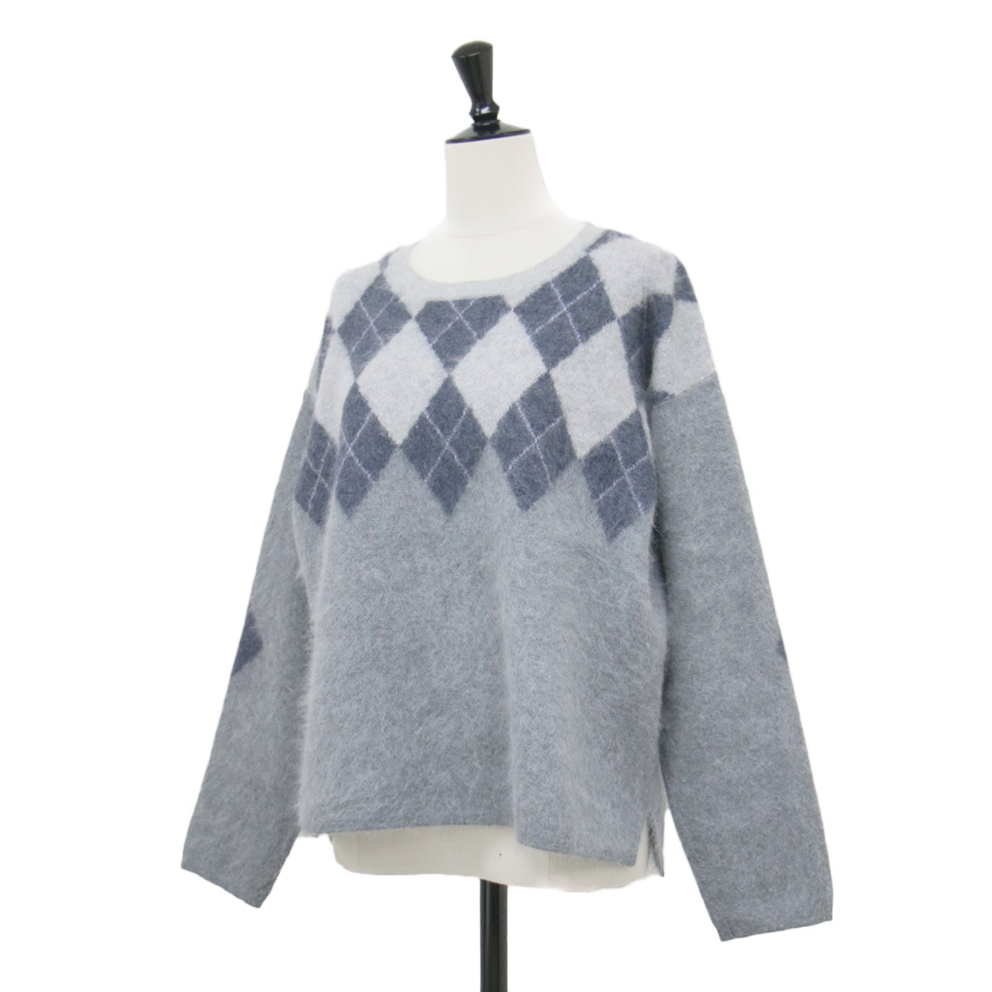 チェック＆アーガイル ジャガード ニット / Vincent et Mireille プルオーバー 長袖 クルーネック コンパクト スリット