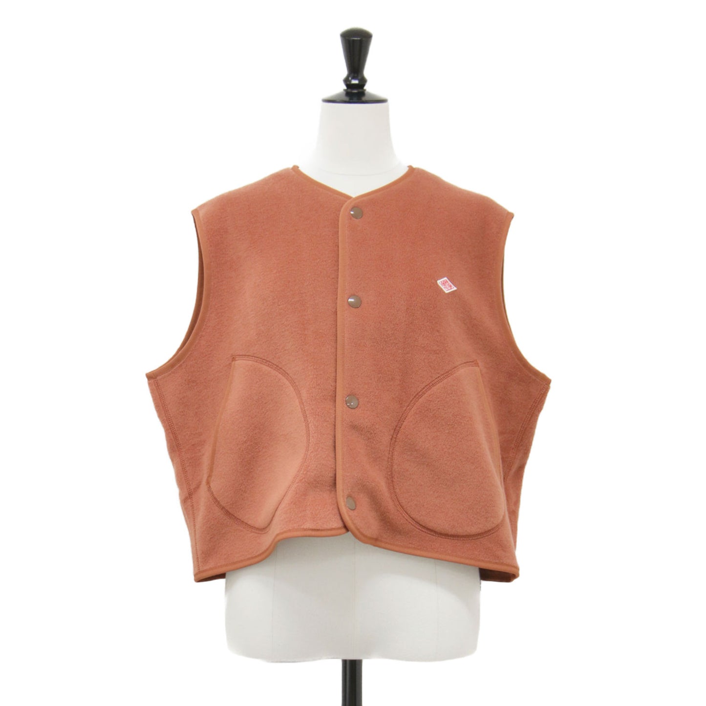 25秋冬 フリース カラーレス ベスト / ショート丈 スナップボタン パイピング ポケット ロゴ