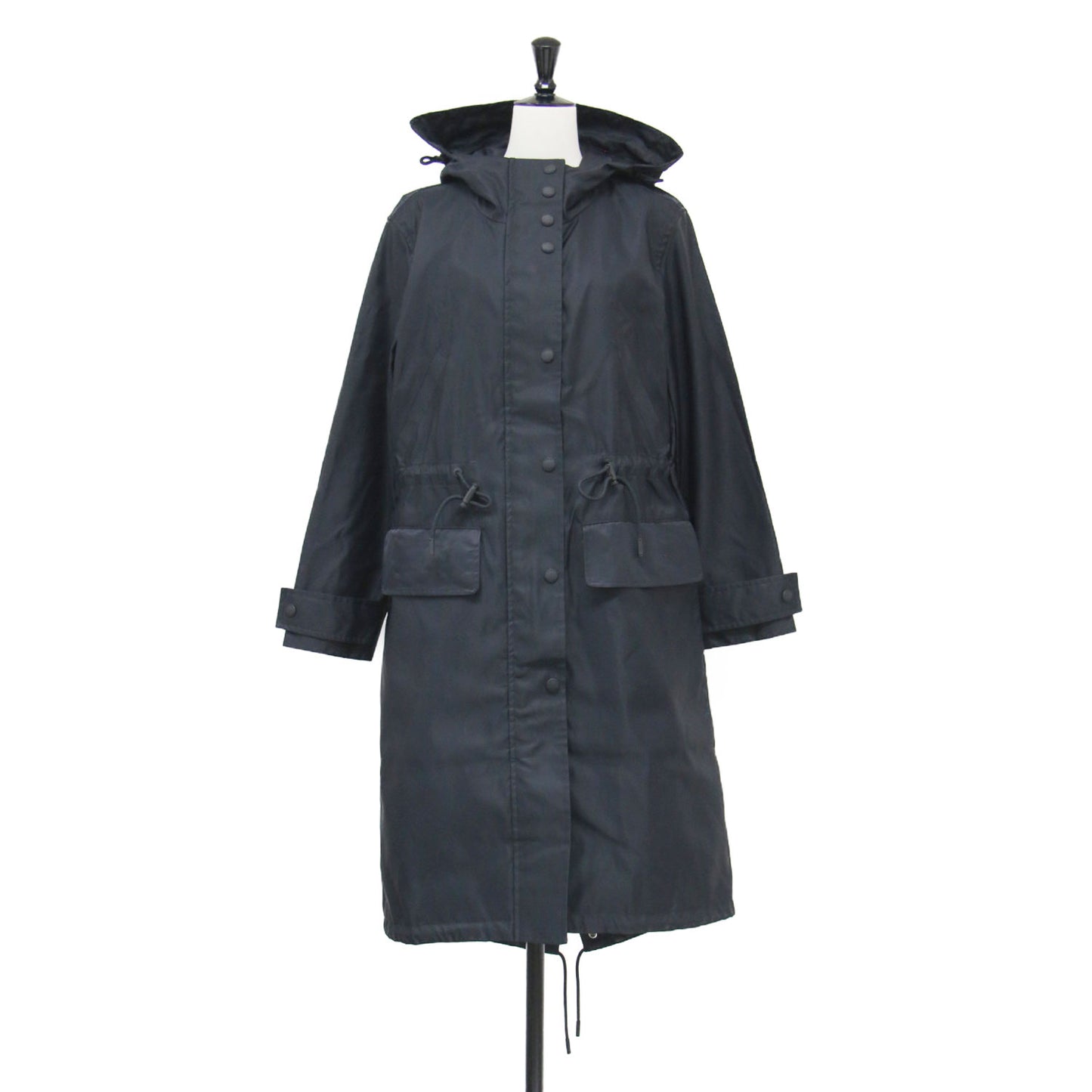 バックロゴ フード付き ナイロン ロング モッズコート / ブルゾン 長袖 Aライン ドローコード ファスナー スナップボタン