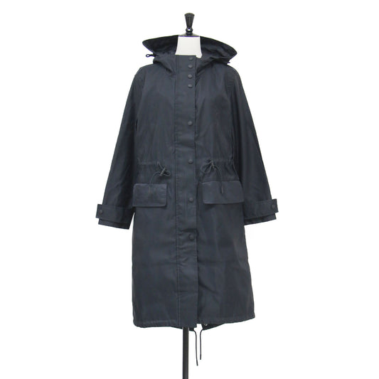 バックロゴ フード付き ナイロン ロング モッズコート / ブルゾン 長袖 Aライン ドローコード ファスナー スナップボタン