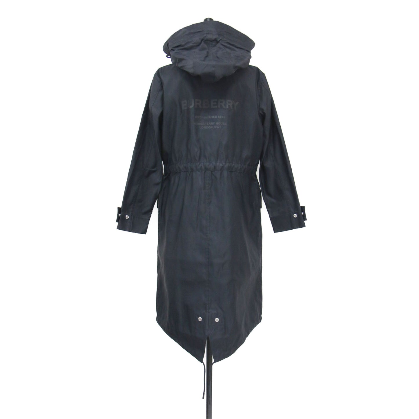 バックロゴ フード付き ナイロン ロング モッズコート / ブルゾン 長袖 Aライン ドローコード ファスナー スナップボタン