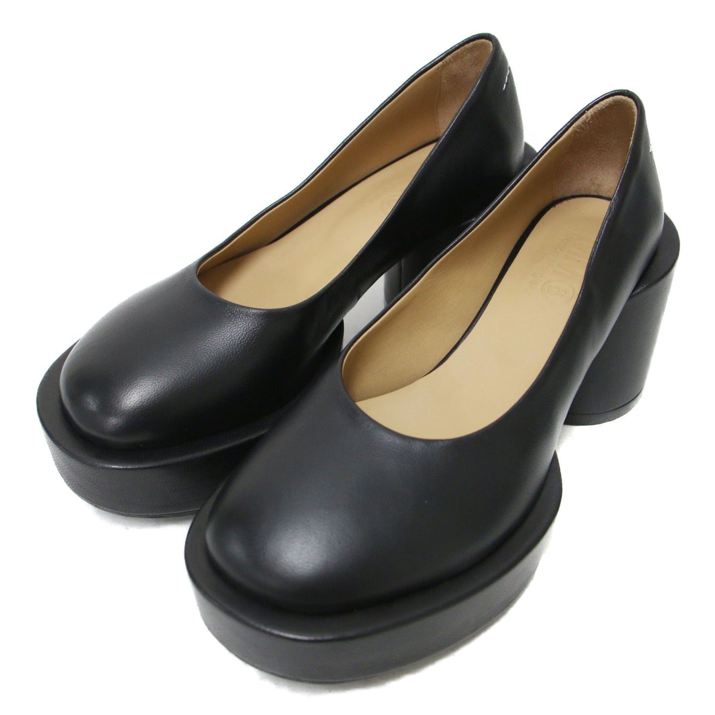 レザー プラットフォーム パンプス / チャンキーヒール ラウンドトゥ ボリュームソール