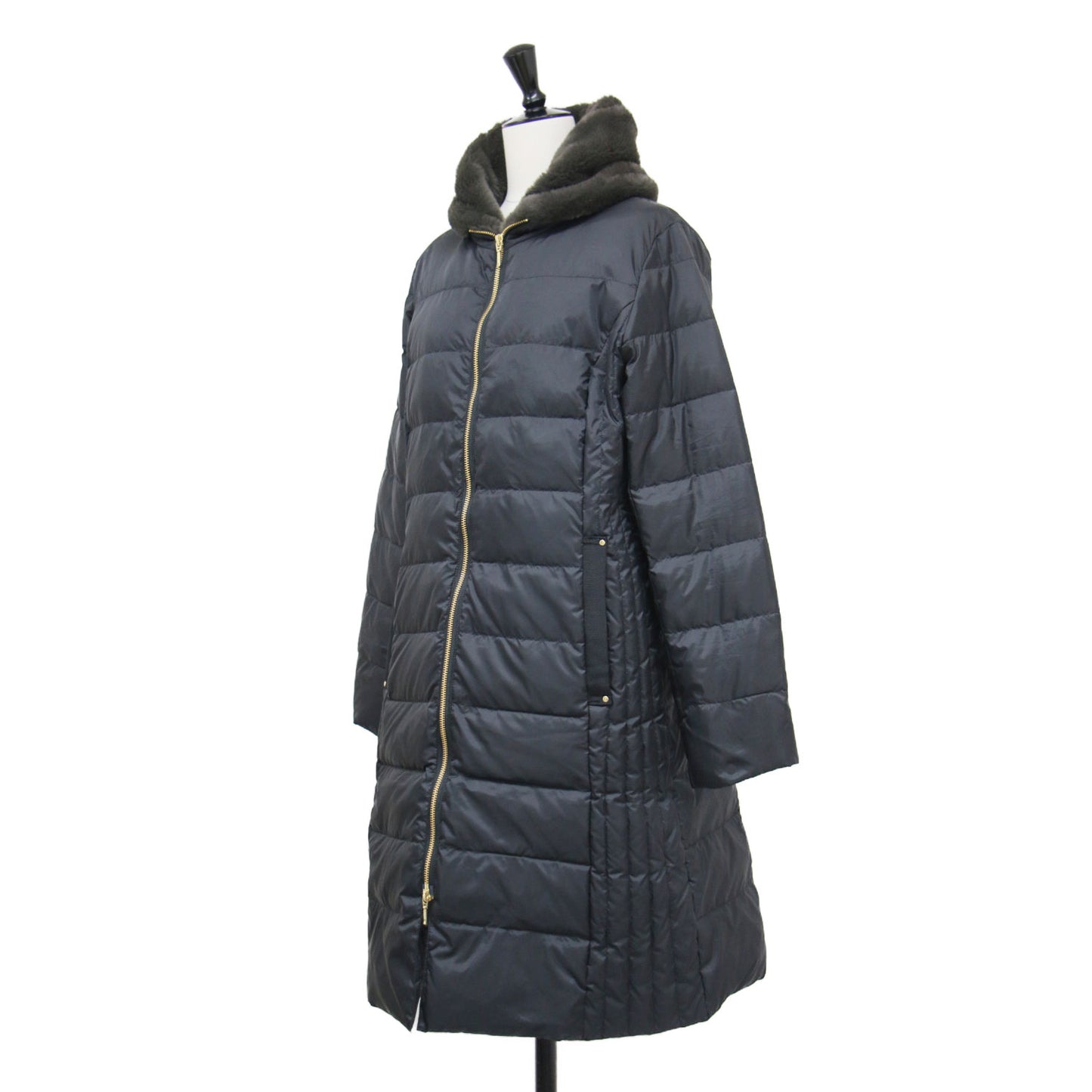 25秋冬 フェイクファー ロング ダウンコート / ジャケット 長袖 ハイネック Aライン ジップダウン