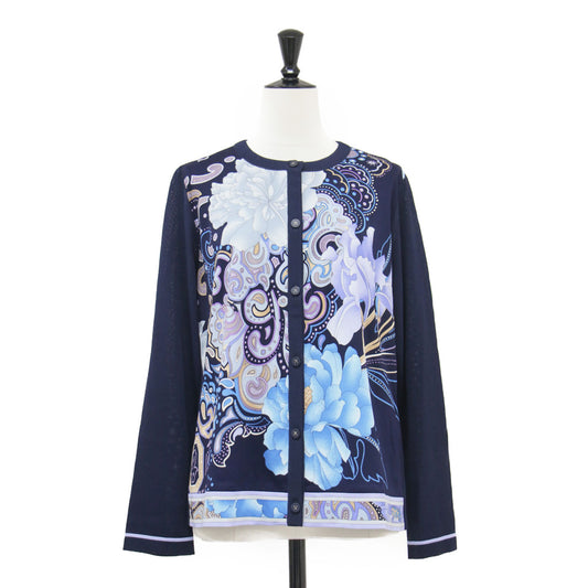 ペイズリー フラワー プリント カーディガン / ニット 長袖 クルーネック ハイゲージ