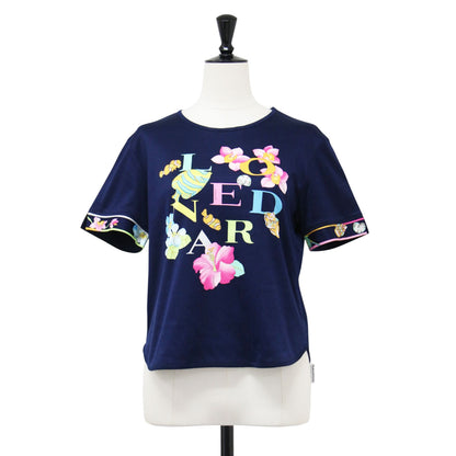 フローラルプリントTシャツ / プルオーバー ラウンドネック 半袖 ロゴ 微光沢 コットン