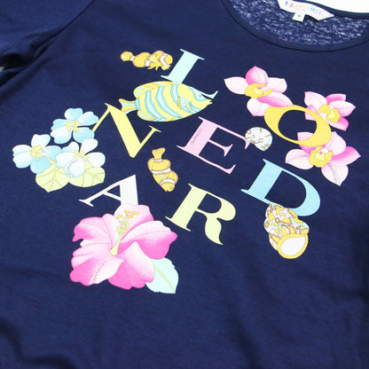 フローラルプリントTシャツ / プルオーバー ラウンドネック 半袖 ロゴ 微光沢 コットン