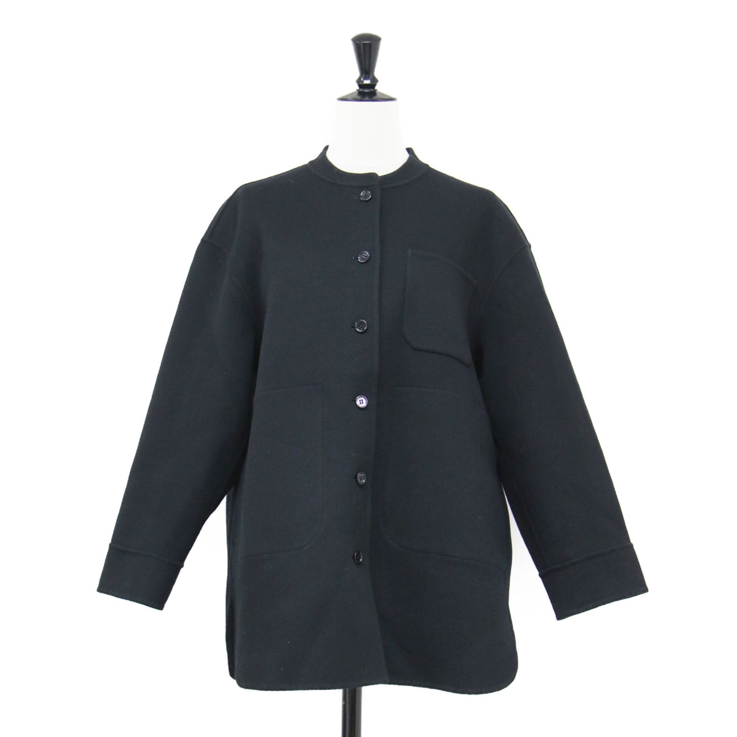 ノーカラー ボタンダウン ショートコート / ジャケット 長袖 クルーネック ドロップショルダー スリット ウール