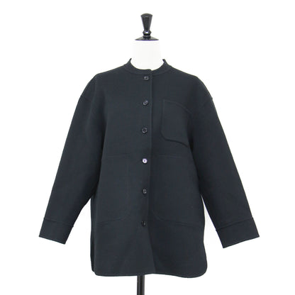 ノーカラー ボタンダウン ショートコート / ジャケット 長袖 クルーネック ドロップショルダー スリット ウール