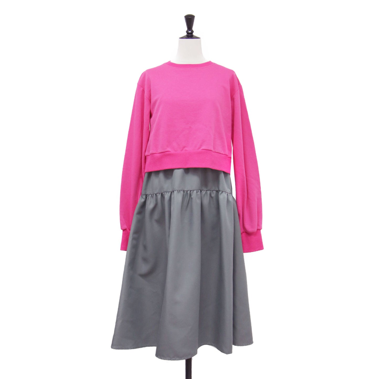 切替ワンピース / ドッキングワンピース 長袖 ロング丈 スウェット ティアード フレア ジップ