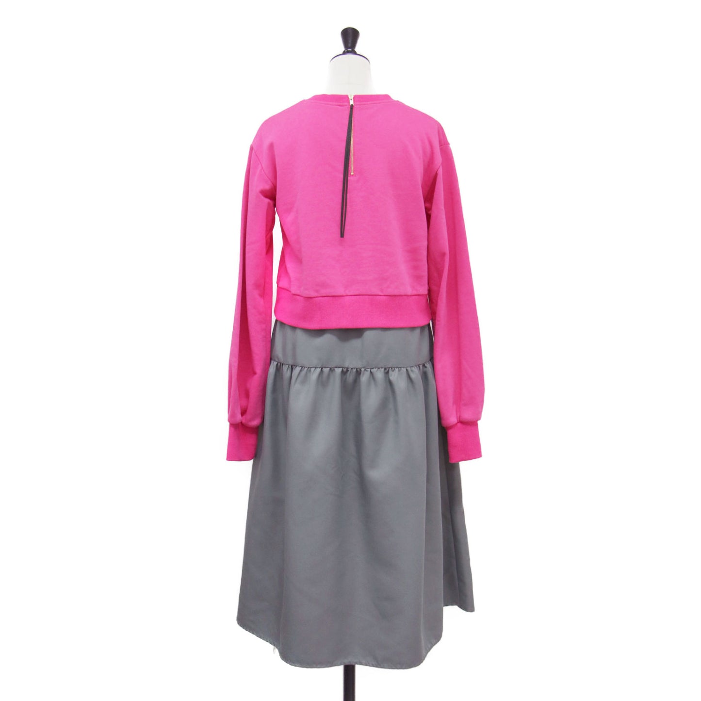 切替ワンピース / ドッキングワンピース 長袖 ロング丈 スウェット ティアード フレア ジップ