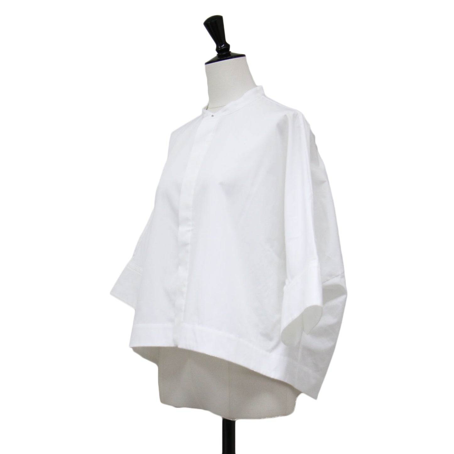 23春夏 コットンブロード バンドカラー クロップドシャツ / ブラウス 5分袖 ワイド 比翼ボタン