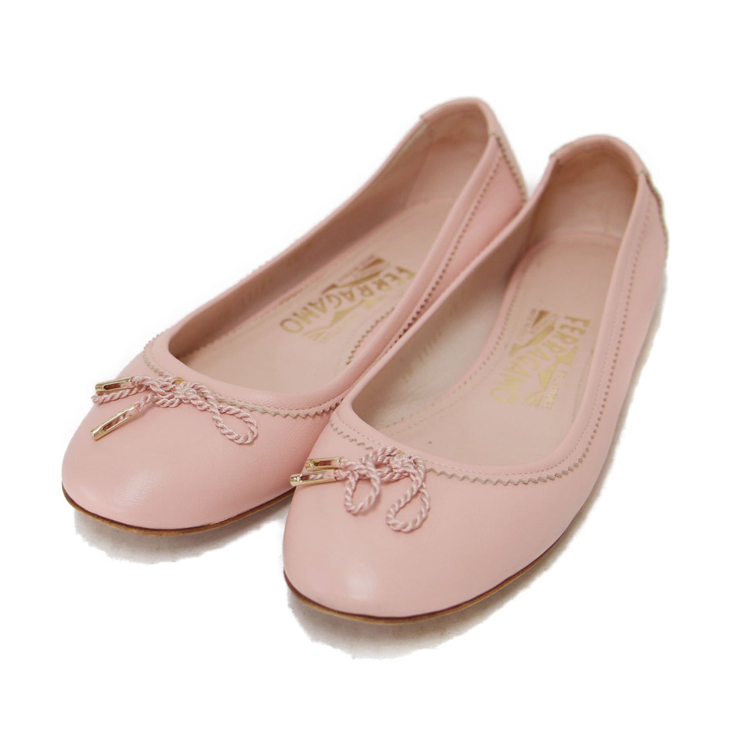 バレエ シューズ / フラットパンプス リボン ラウンドトゥ ピンキング レザー