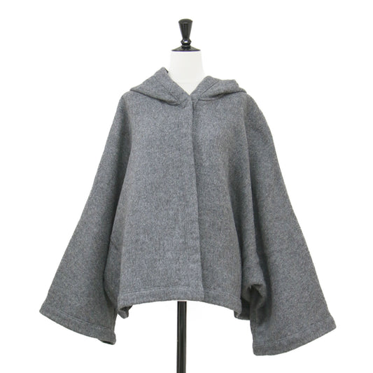 25秋冬 フーディショートコート / ポンチョ 長袖 ドルマンスリーブ ワイド ウール