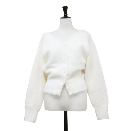 パールボタン フェザー Vネック カーディガン / ニット 長袖 2WAY ドロップショルダー コンパクト