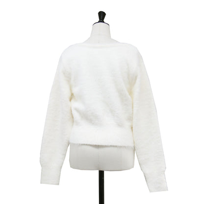 パールボタン フェザー Vネック カーディガン / ニット 長袖 2WAY ドロップショルダー コンパクト