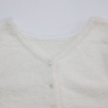 パールボタン フェザー Vネック カーディガン / ニット 長袖 2WAY ドロップショルダー コンパクト