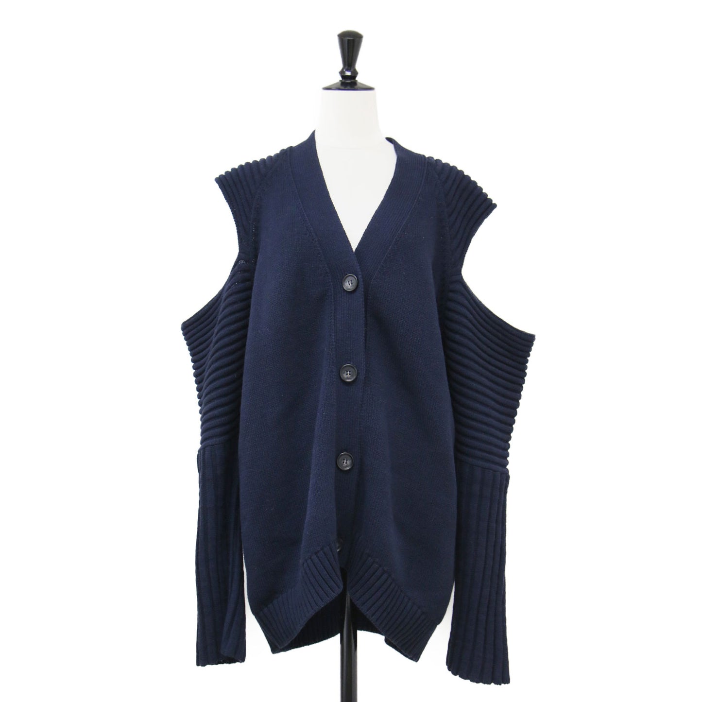 22春夏 ショルダーカット 畦編み カーディガン / ニット 羽織り 長袖 ミドル丈 クルーネック 肩あき デザインスリーブ オーバーサイズ コットン