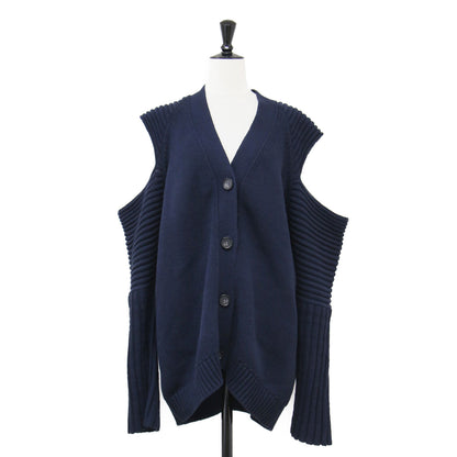 22春夏 ショルダーカット 畦編み カーディガン / ニット 羽織り 長袖 ミドル丈 クルーネック 肩あき デザインスリーブ オーバーサイズ コットン
