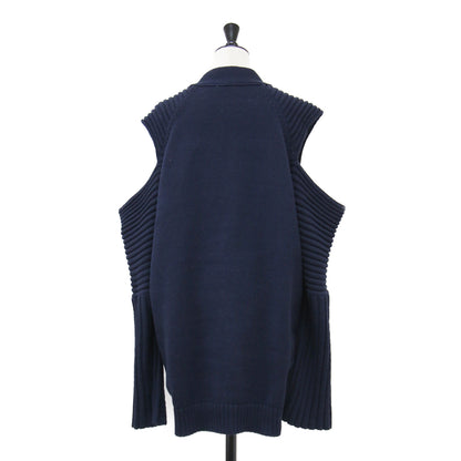 22春夏 ショルダーカット 畦編み カーディガン / ニット 羽織り 長袖 ミドル丈 クルーネック 肩あき デザインスリーブ オーバーサイズ コットン
