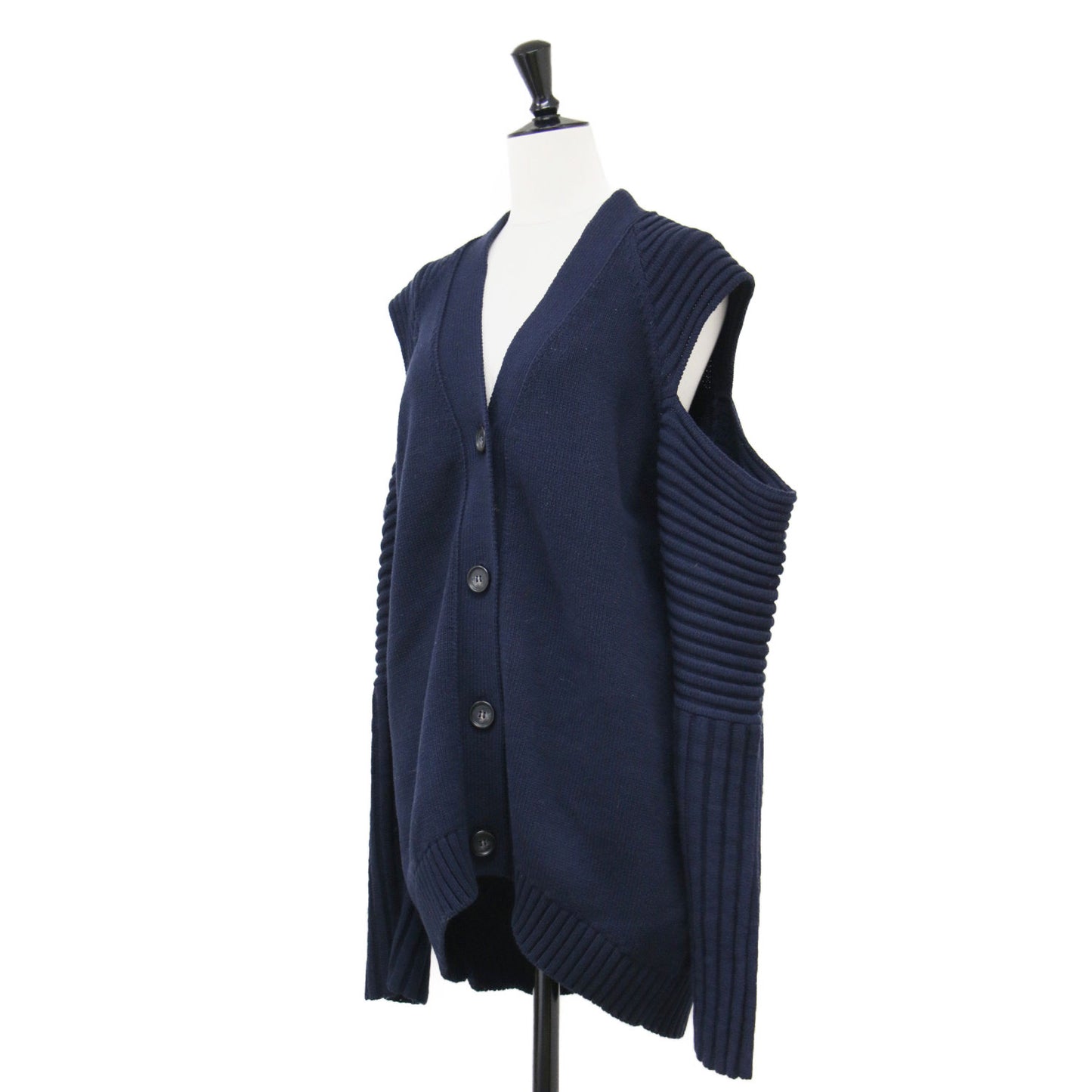 22春夏 ショルダーカット 畦編み カーディガン / ニット 羽織り 長袖 ミドル丈 クルーネック 肩あき デザインスリーブ オーバーサイズ コットン