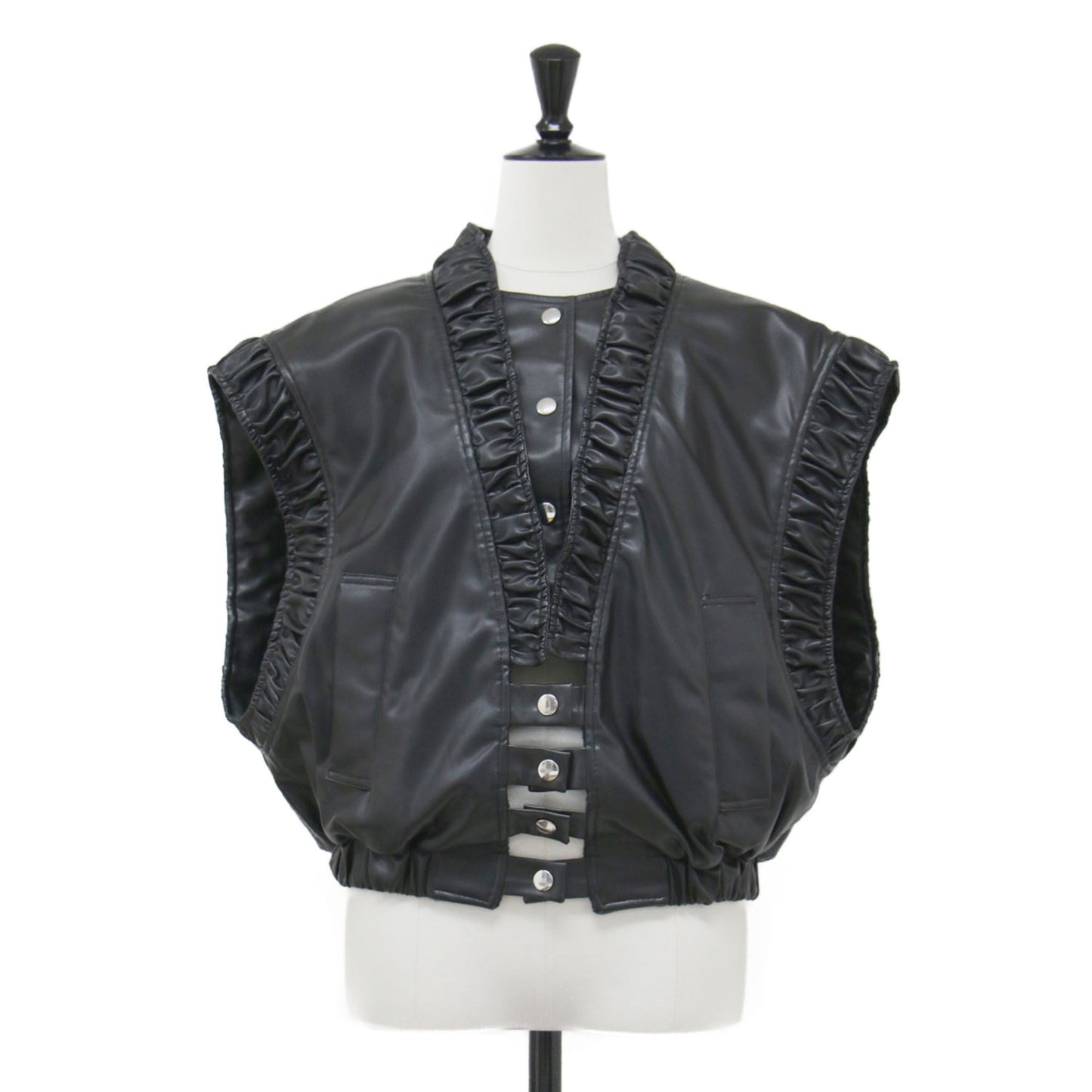 23秋冬 エコレザー ギャザー ベスト / gather VE ジレ ドロップショルダー ショート丈 ワイド 裏起毛