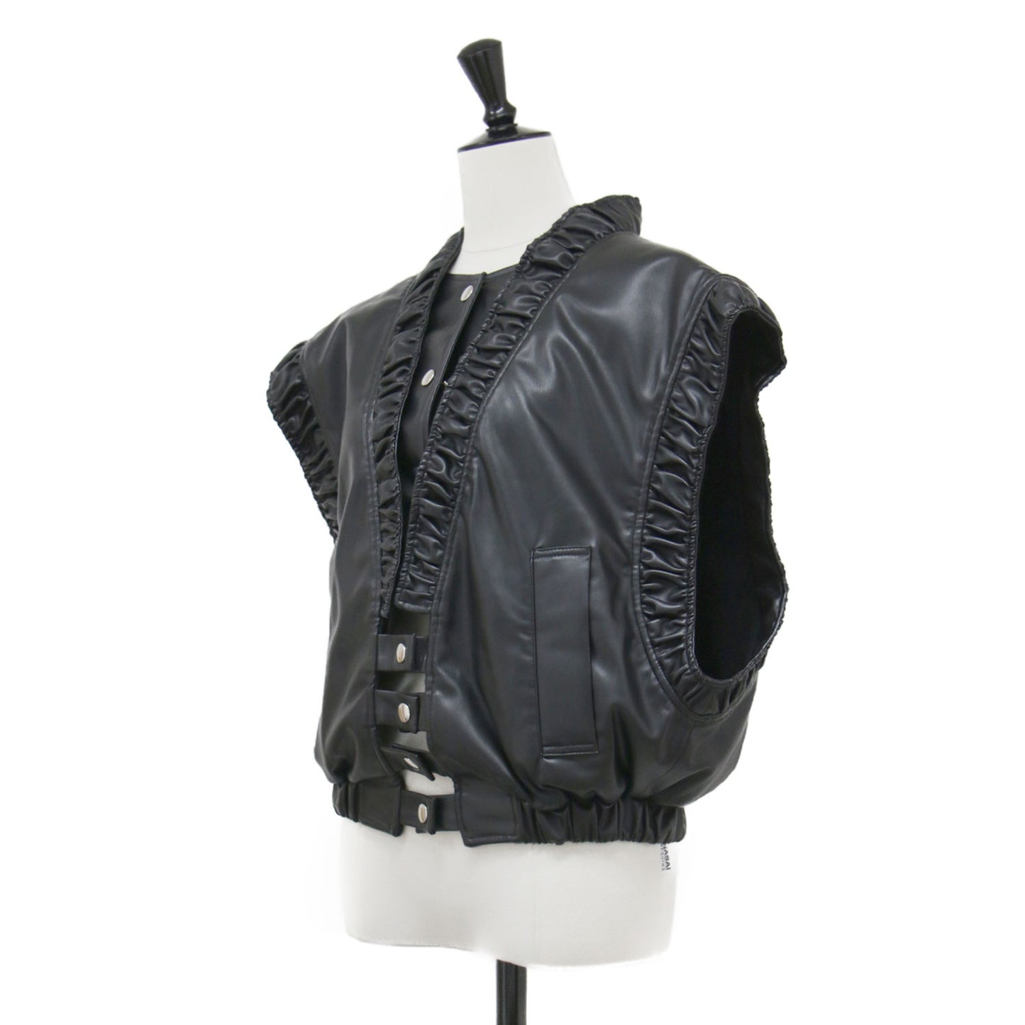 23秋冬 エコレザー ギャザー ベスト / gather VE ジレ ドロップショルダー ショート丈 ワイド 裏起毛