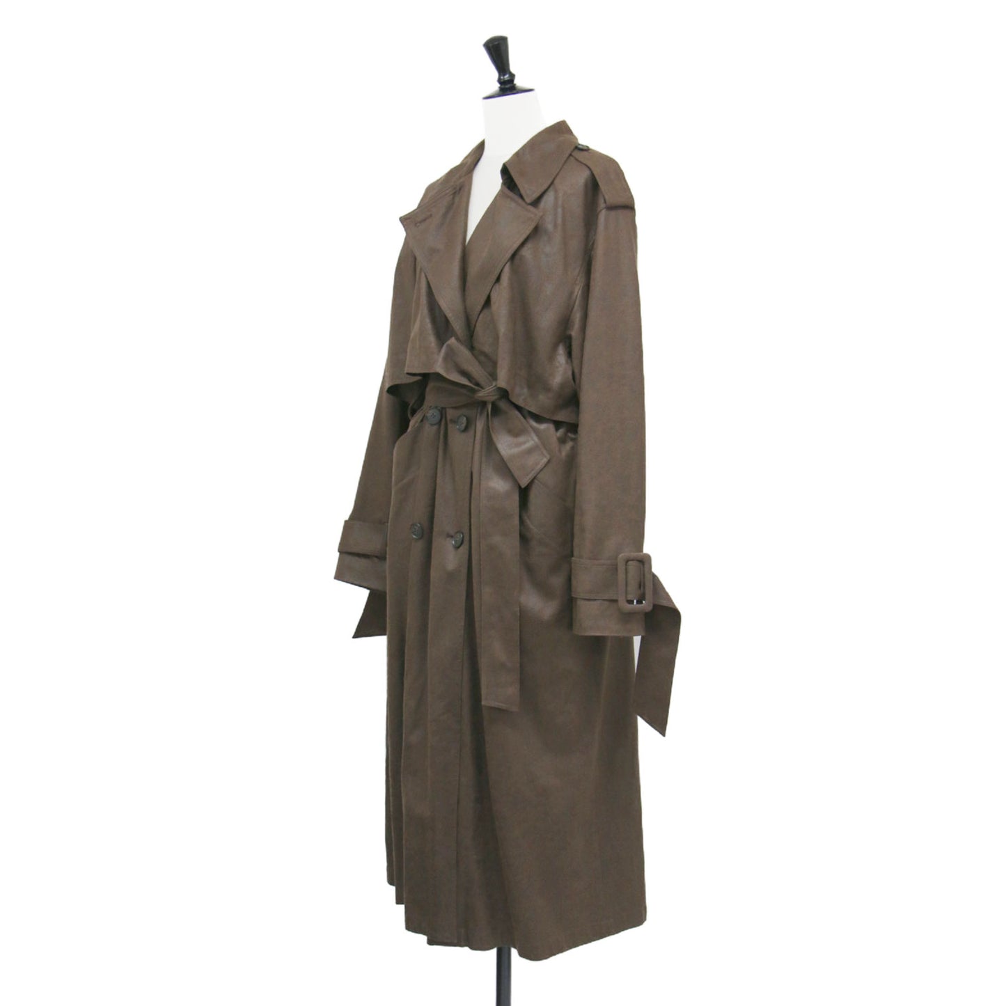 フェイクレザー ライナー付き トレンチコート / 長袖 ロング丈 ワイド スリット ウール