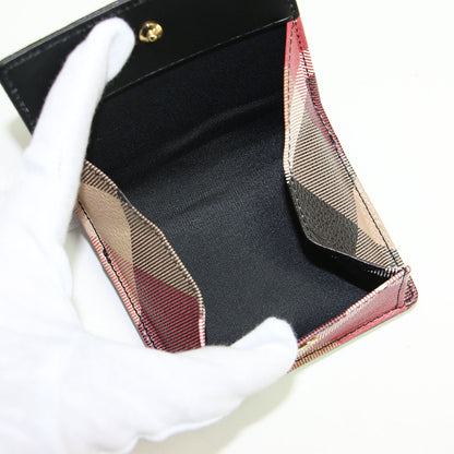 レザー チェック 二つ折り財布 / ミニウォレット スナップボタン ボックス型 ロゴ 短財布