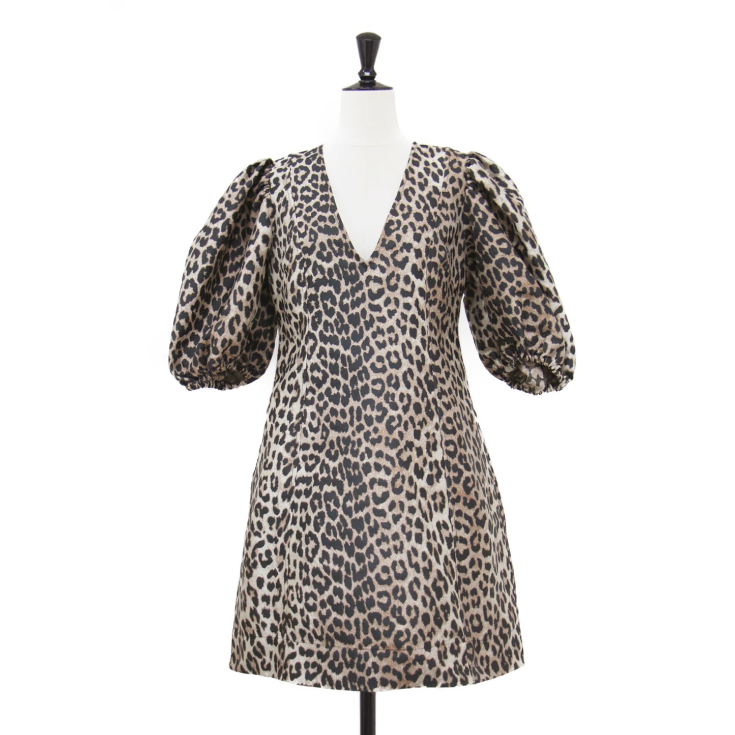 レオパード柄 ジャガード パフスリーブ ミニ ワンピース / Crispy Jacquard Vネック 五分袖 ボリュームスリーブ