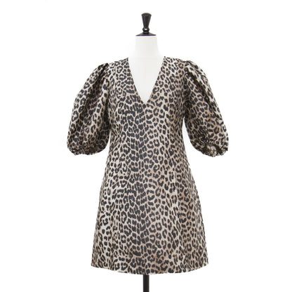 レオパード柄 ジャガード パフスリーブ ミニ ワンピース / Crispy Jacquard Vネック 五分袖 ボリュームスリーブ