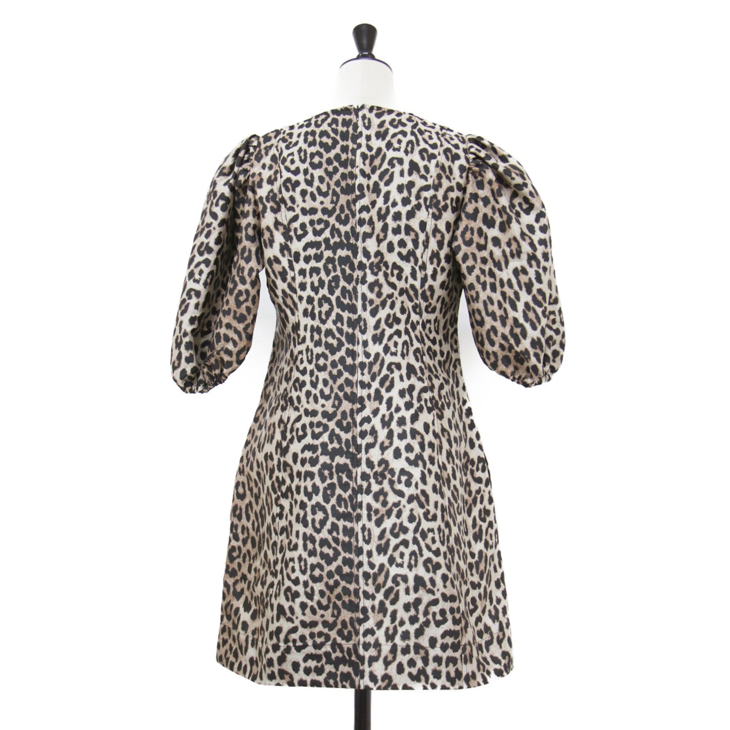 レオパード柄 ジャガード パフスリーブ ミニ ワンピース / Crispy Jacquard Vネック 五分袖 ボリュームスリーブ