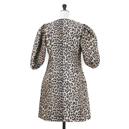 レオパード柄 ジャガード パフスリーブ ミニ ワンピース / Crispy Jacquard Vネック 五分袖 ボリュームスリーブ