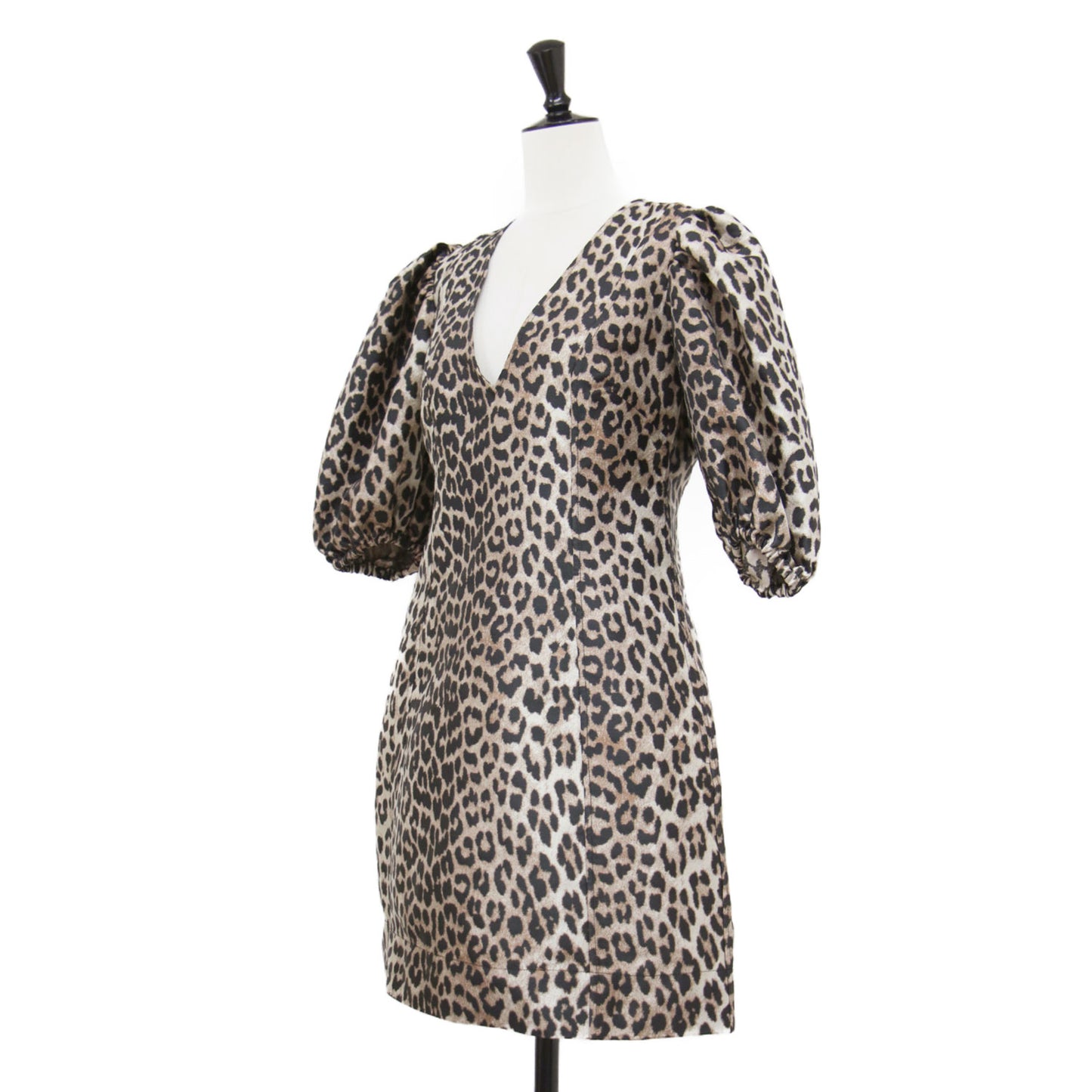 レオパード柄 ジャガード パフスリーブ ミニ ワンピース / Crispy Jacquard Vネック 五分袖 ボリュームスリーブ