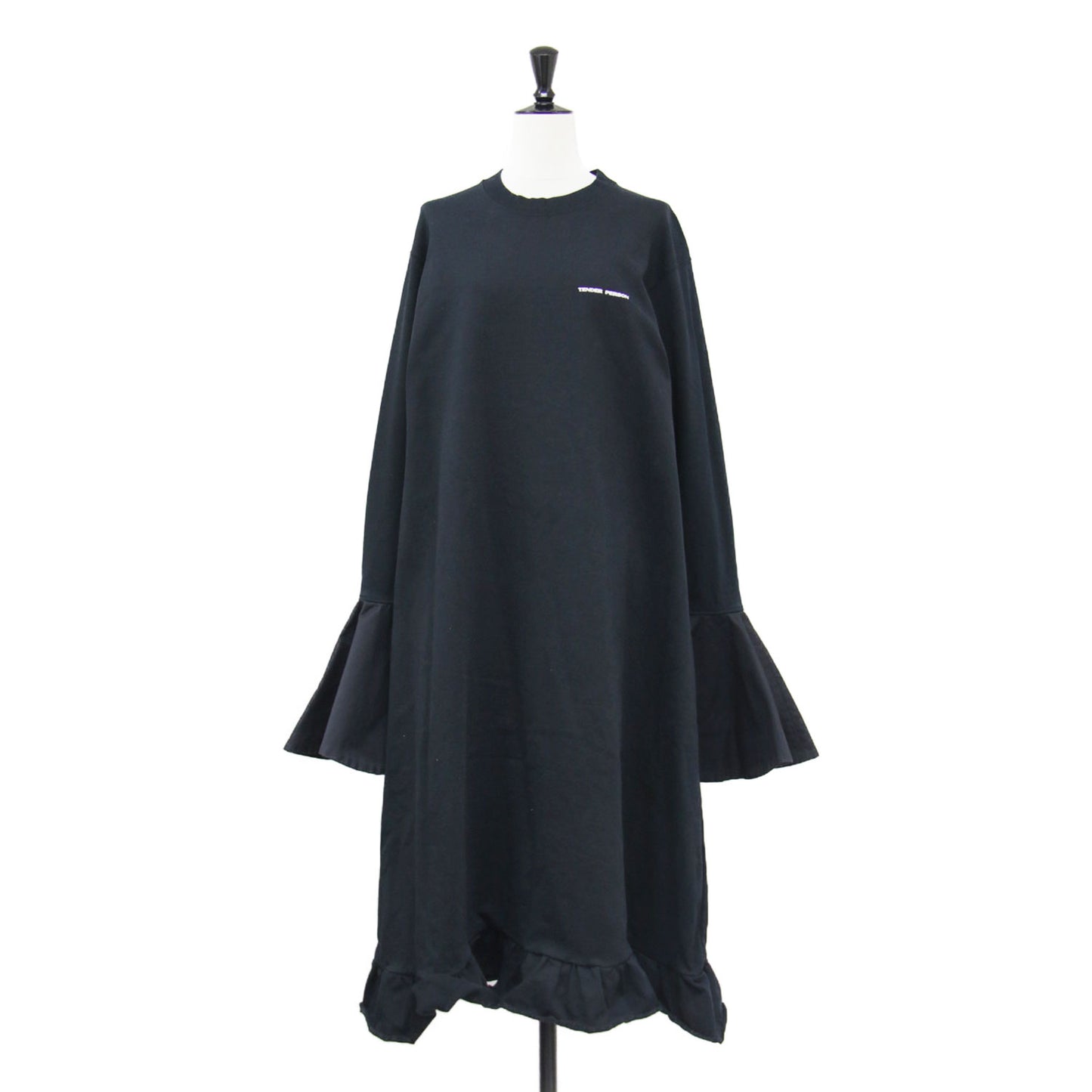フレアスリーブ ロング ワンピース / Tシャツ 長袖 クルーネック Aラインフリル コットン