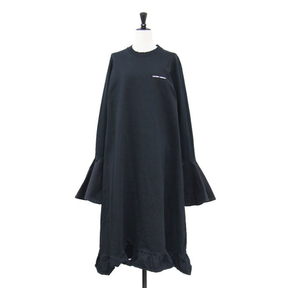 フレアスリーブ ロング ワンピース / Tシャツ 長袖 クルーネック Aラインフリル コットン