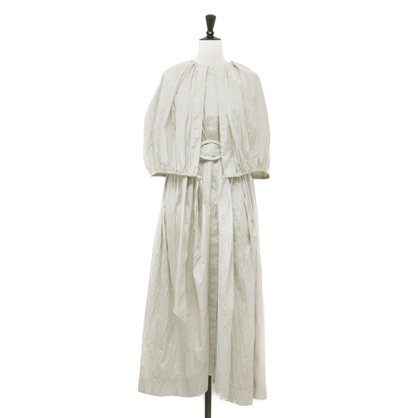 23秋冬 ケープ ロング ワンピース / Wrinkle Cape Dress コート 半袖 ベルト付き ギャザー ワッシャー加工 コットン