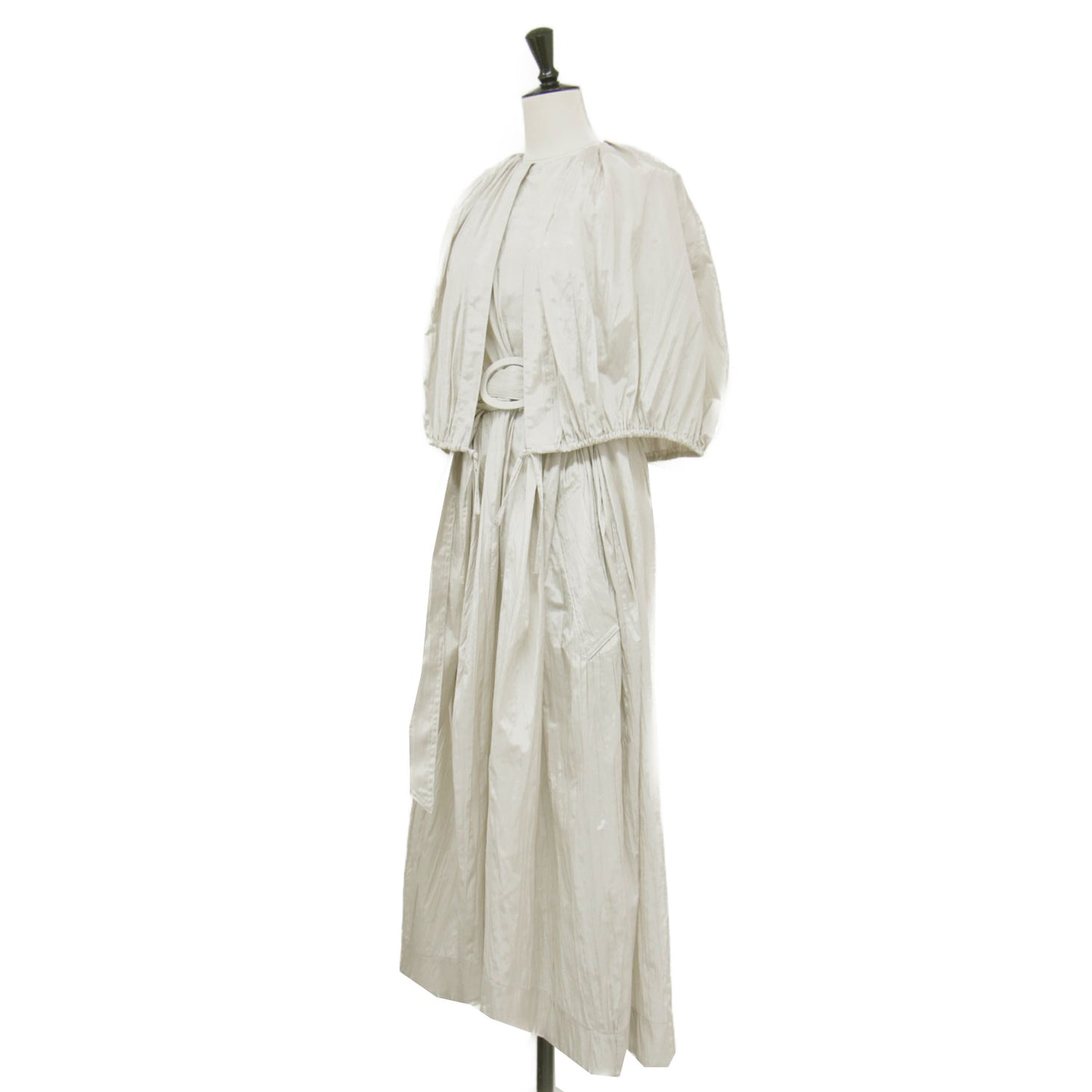 23秋冬 ケープ ロング ワンピース / Wrinkle Cape Dress コート 半袖 ベルト付き ギャザー ワッシャー加工 コットン