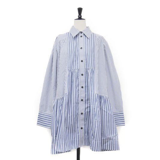 ストライプ柄 ミニ シャツ ドレス / ワンピース 長袖 ティアード 切替 ギャザー コットン