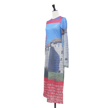 22秋冬 グラフィック グリッター ニット ワンピース / Graphic Glitter Dress ロング 長袖 タイト クルーネック 総柄