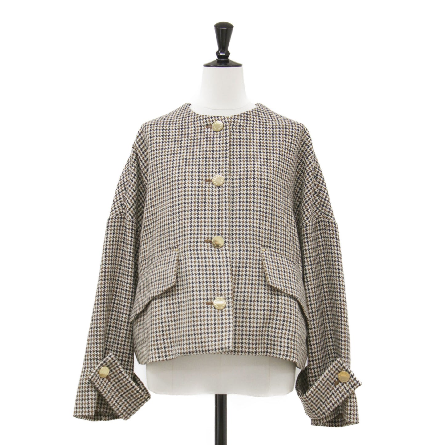 24秋冬 ハンビー ノーカラー ジャケット / HUMBIE NO COLLAR JACKET MB ショート丈 ハウンドトゥース ウール