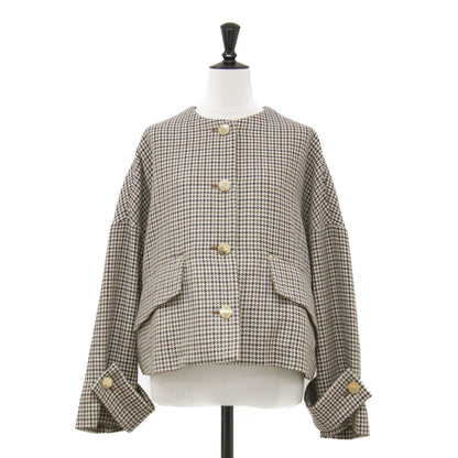 24秋冬 ハンビー ノーカラー ジャケット / HUMBIE NO COLLAR JACKET MB ショート丈 ハウンドトゥース ウール