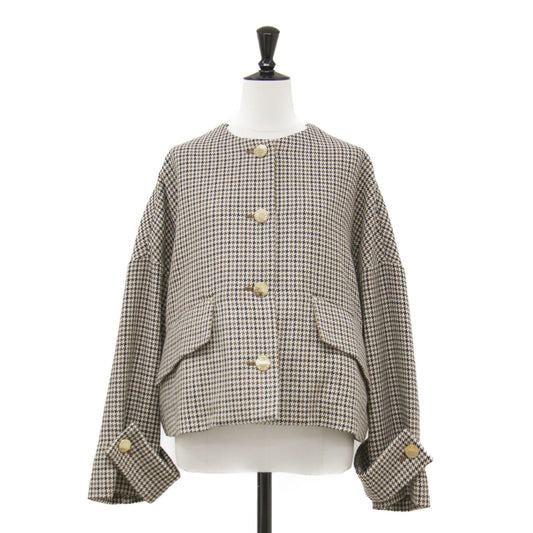 24秋冬 ハンビー ノーカラー ジャケット / HUMBIE NO COLLAR JACKET MB ショート丈 ハウンドトゥース ウール