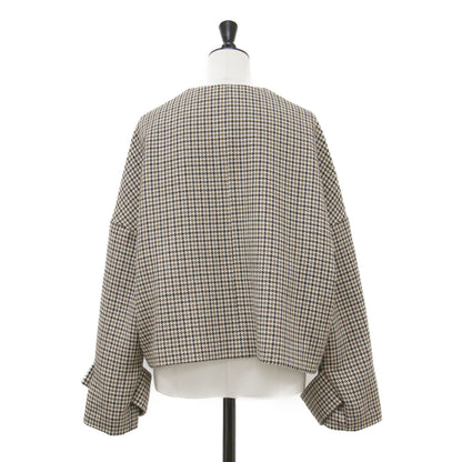 24秋冬 ハンビー ノーカラー ジャケット / HUMBIE NO COLLAR JACKET MB ショート丈 ハウンドトゥース ウール