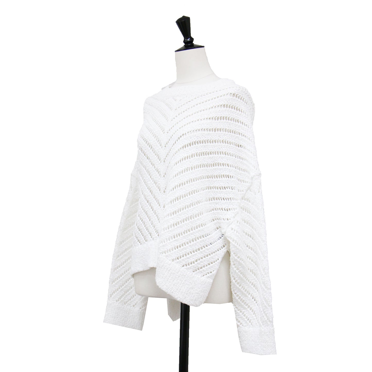 24春夏 オープンステッチ シェブロン コットン セーター / ニット プルオーバー 長袖 クルーネック 透かし編み