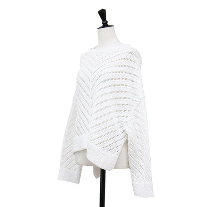 24春夏 オープンステッチ シェブロン コットン セーター / ニット プルオーバー 長袖 クルーネック 透かし編み