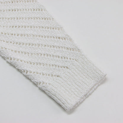 24春夏 オープンステッチ シェブロン コットン セーター / ニット プルオーバー 長袖 クルーネック 透かし編み