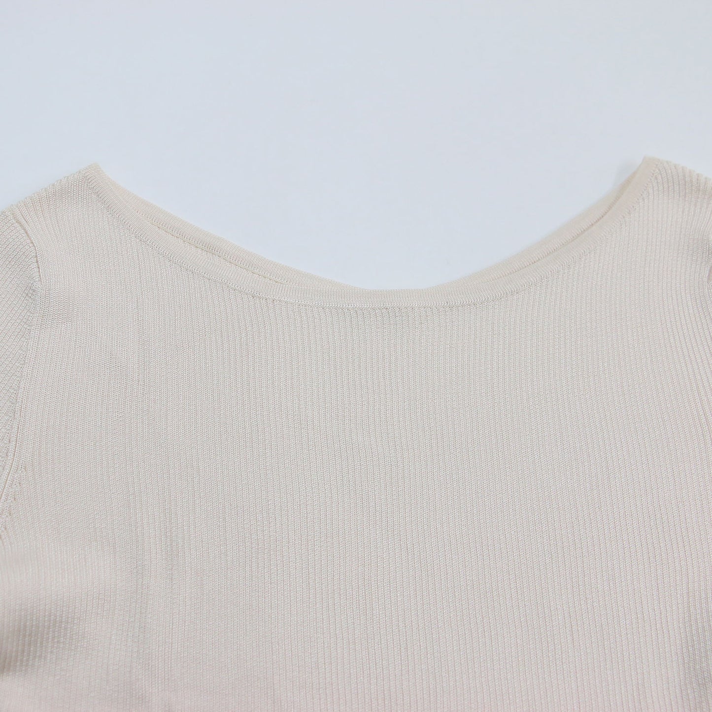 リブ バックVネック プルオーバー ニット / 五分袖 ボートネック