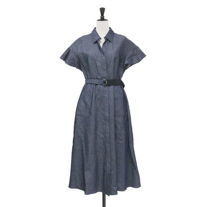 23春夏 ライトデニム シャツ フレア ワンピース / ミディ丈 半袖 ベルト シャンブレー コットン リネン