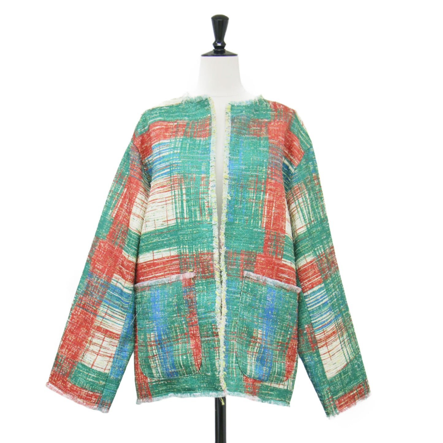24春夏 レディライク プリント ツイード ジャケット / LADY LIKE PRINT TWEEDS JACKET ノーカラー 長袖 フリンジ
