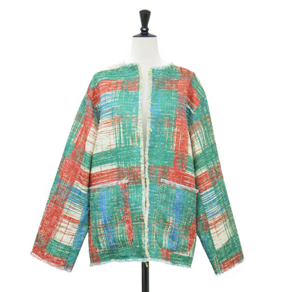 24春夏 レディライク プリント ツイード ジャケット / LADY LIKE PRINT TWEEDS JACKET ノーカラー 長袖 フリンジ